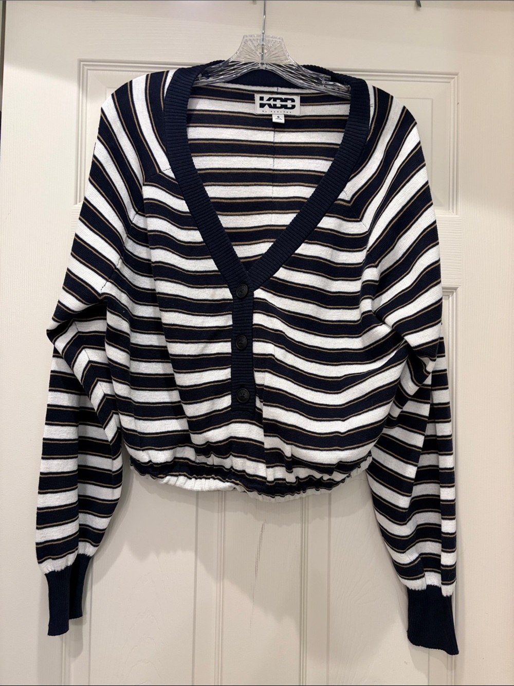 Navy and White Striped V-Neck Button Cardigan